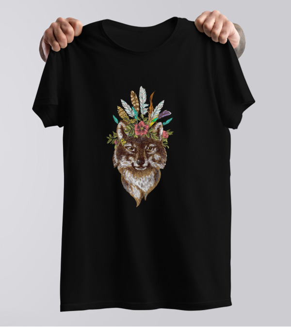 Bohemian Wolf Wild And Free Feathered Floral Headdress T-Shirt