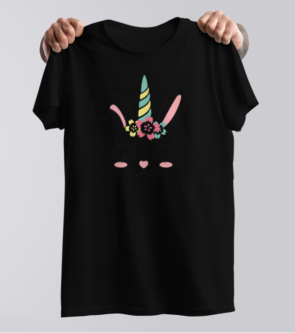 Bunnycorn Easter Bunny Rabbit Unicorn Face With Flowers T-Shirt
