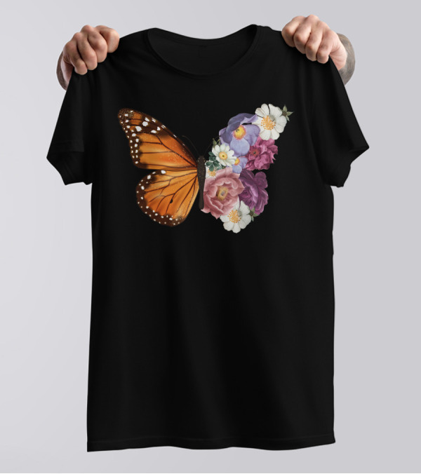 Butterfly Half Wings Flowers Harmony T-Shirt