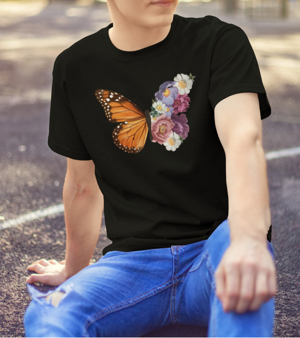 Butterfly Half Wings Flowers Harmony T-Shirt