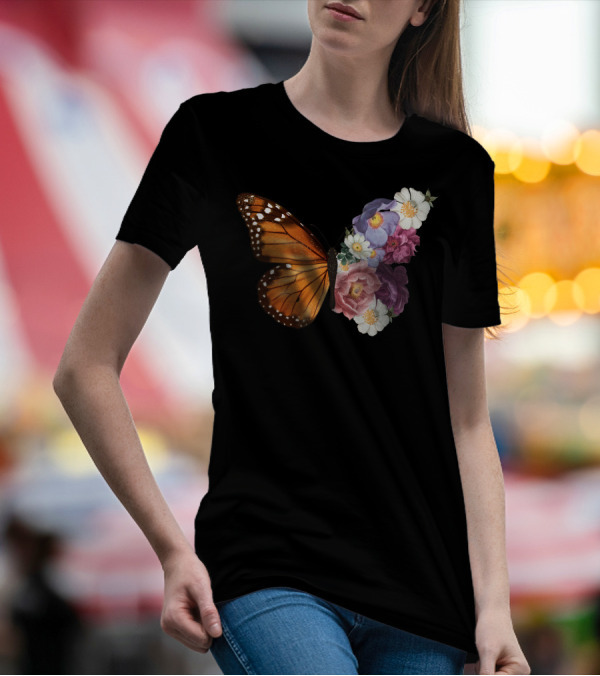 Butterfly Half Wings Flowers Harmony T-Shirt