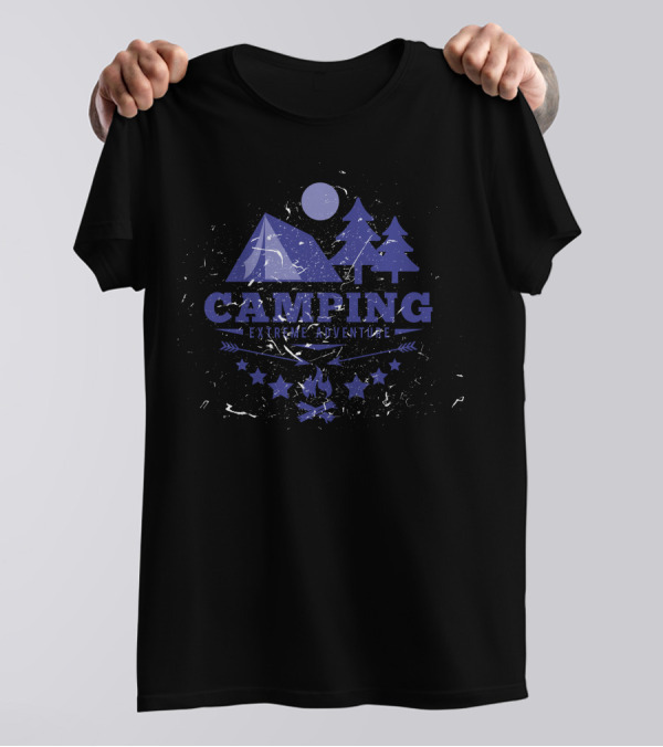 Camping Extreme Adventure Mountain Moon Trees Fire Stars T-Shirt