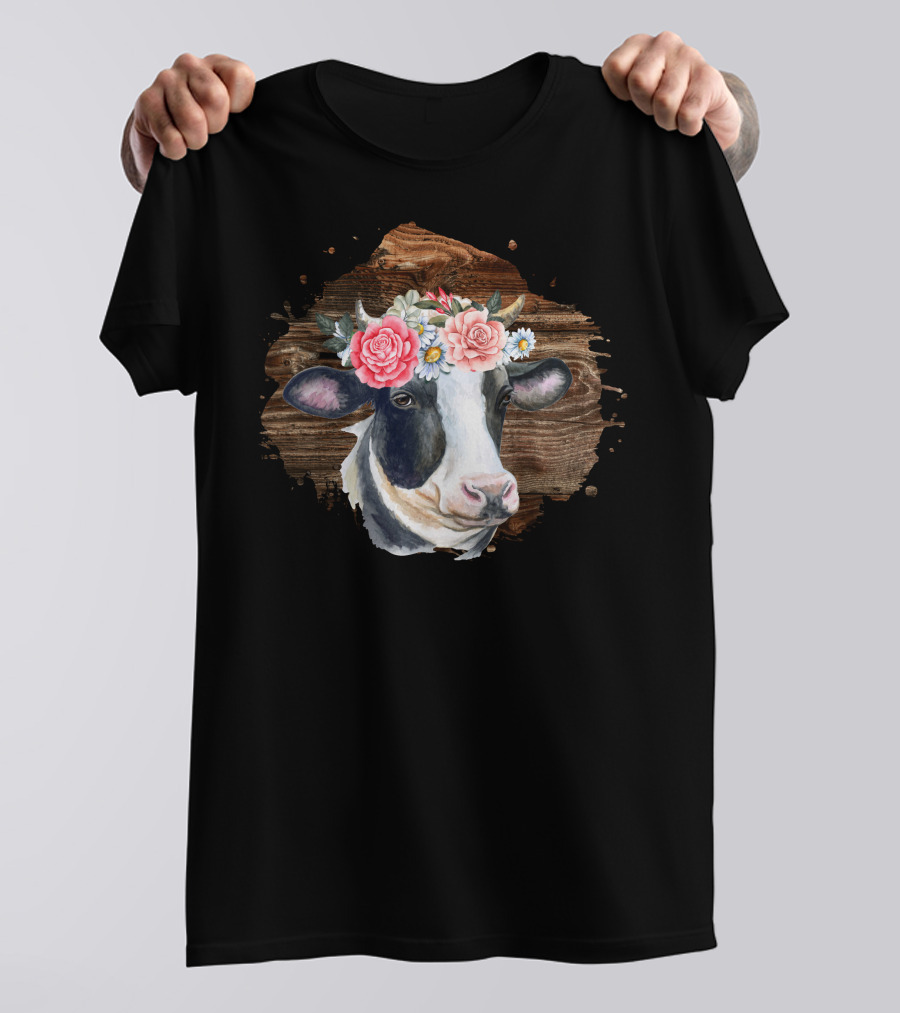 Cow Girl Floral Crown On Rustic Wood Background T-Shirt