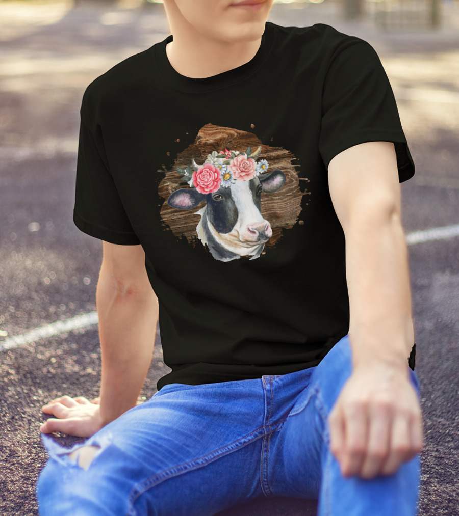 Cow Girl Floral Crown On Rustic Wood Background T-Shirt
