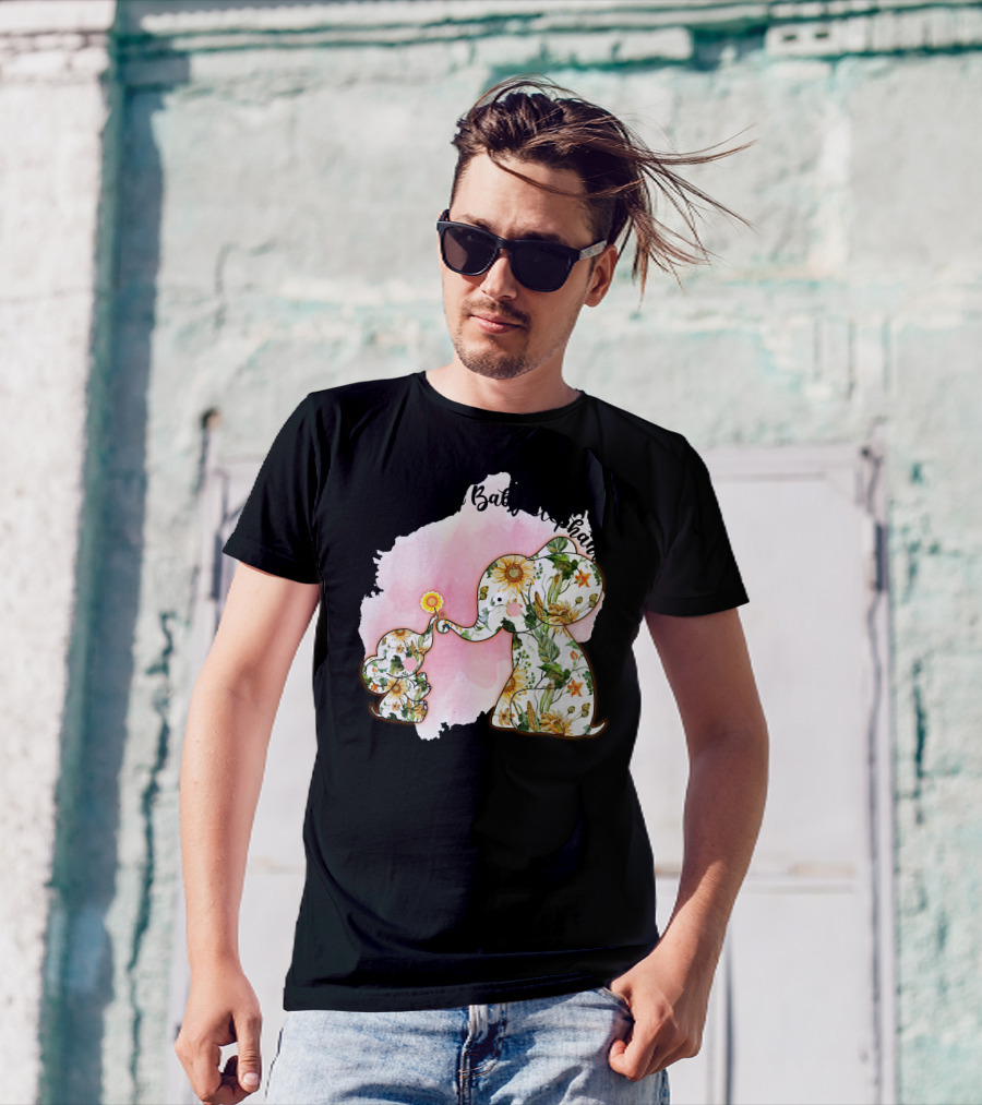 Mama And Baby Elephant Floral Pattern Pink Watercolor Background T-Shirt