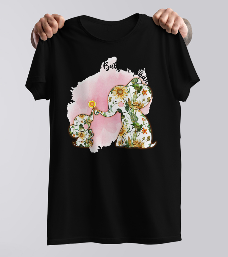 Mama And Baby Elephant Floral Pattern Pink Watercolor Background T-Shirt