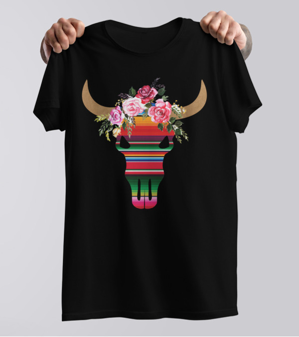 Serape Striped Bull Skull With Floral Crown T-Shirt
