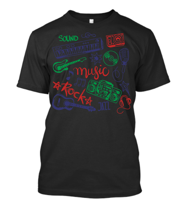 Sound Music Rock Jazz Keyboard Guitar Microphone Headphones Boombox T-Shirt