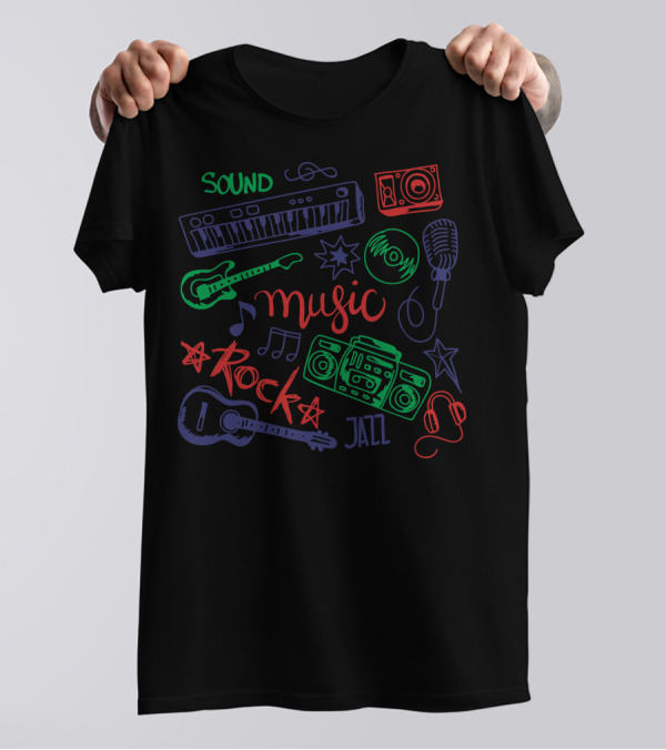 Sound Music Rock Jazz Keyboard Guitar Microphone Headphones Boombox T-Shirt