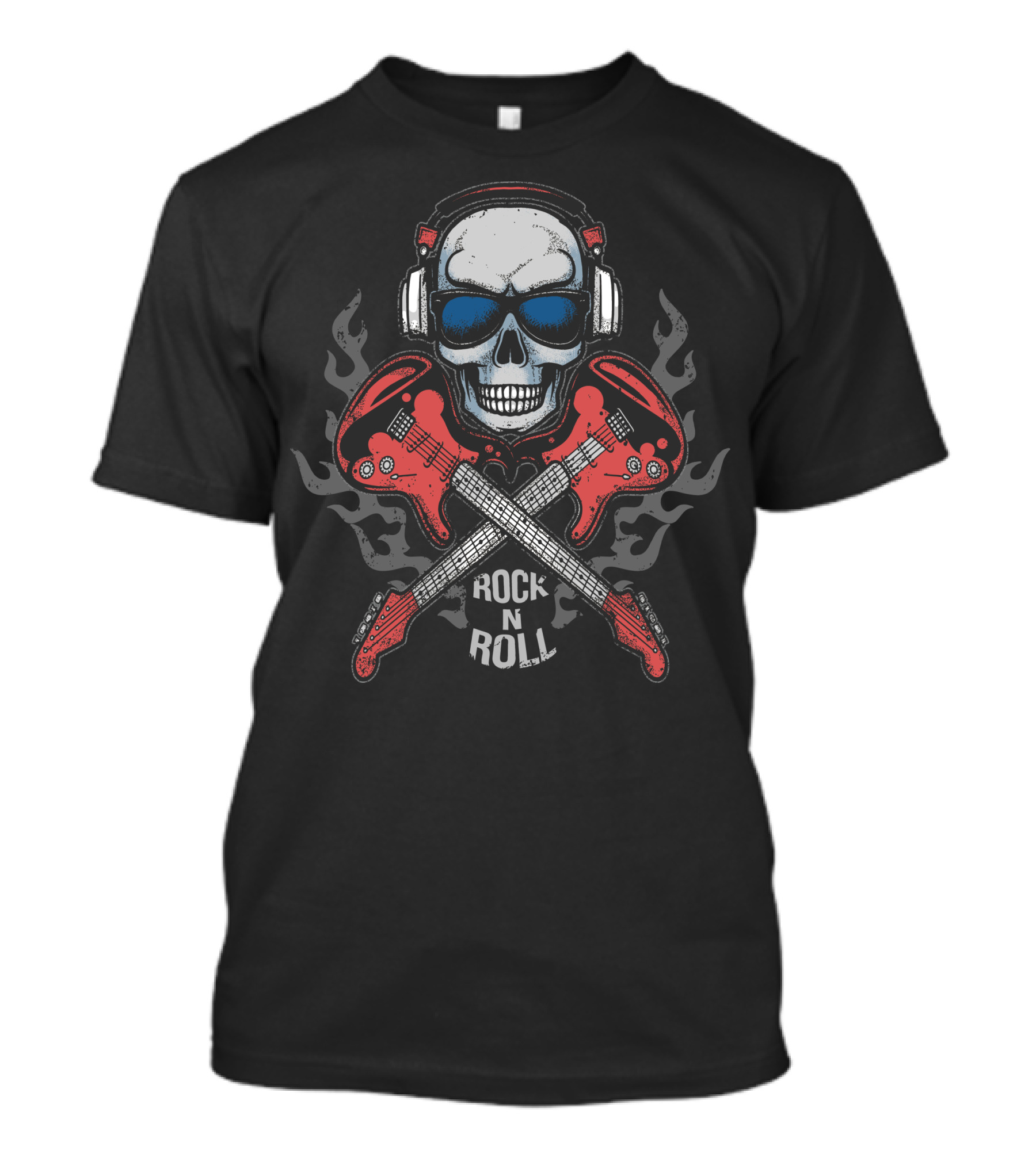 Skull Headphone Flames Rock N Roll Electric Guitars T-Shirt
