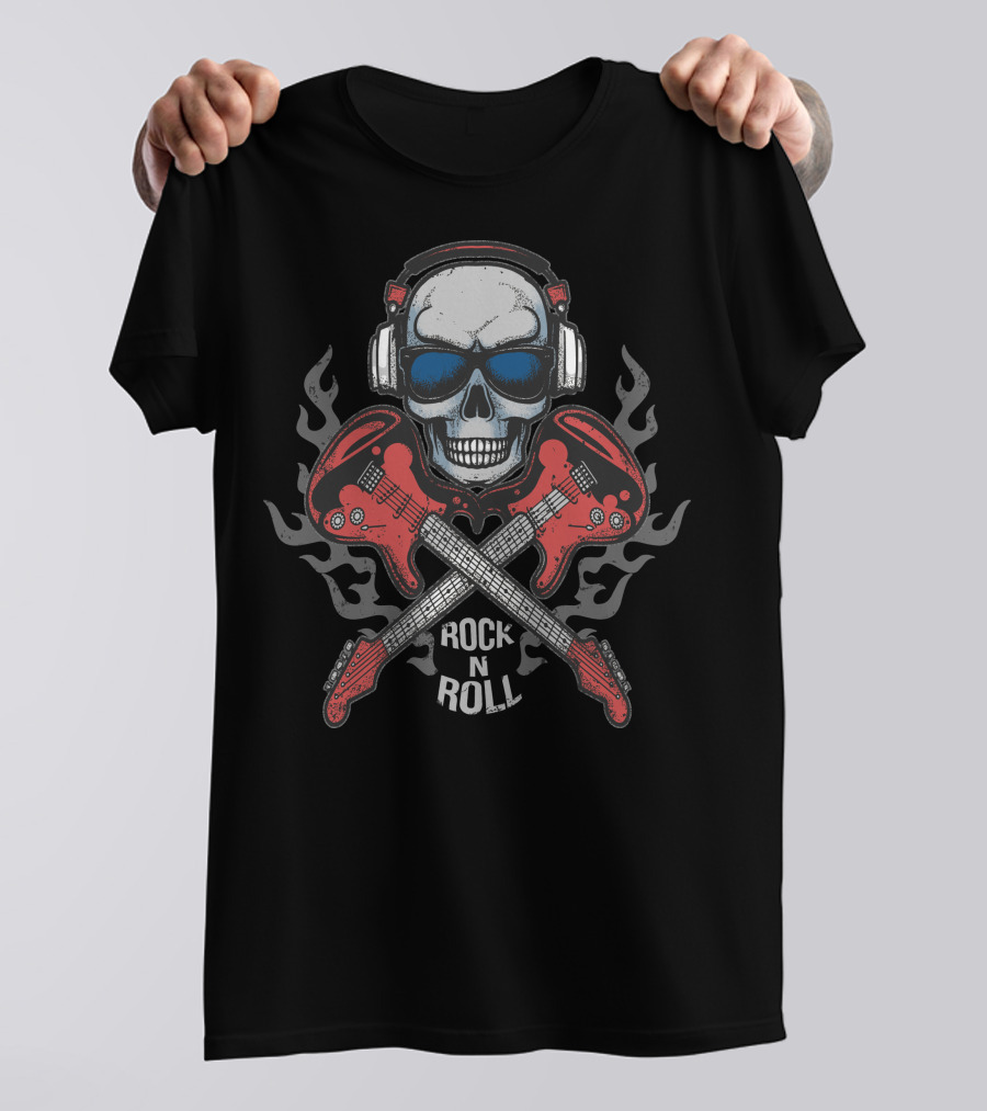 Skull Headphone Flames Rock N Roll Electric Guitars T-Shirt