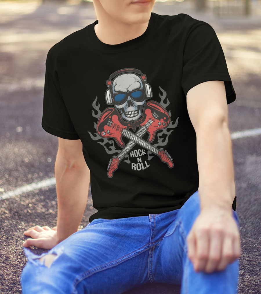 Skull Headphone Flames Rock N Roll Electric Guitars T-Shirt