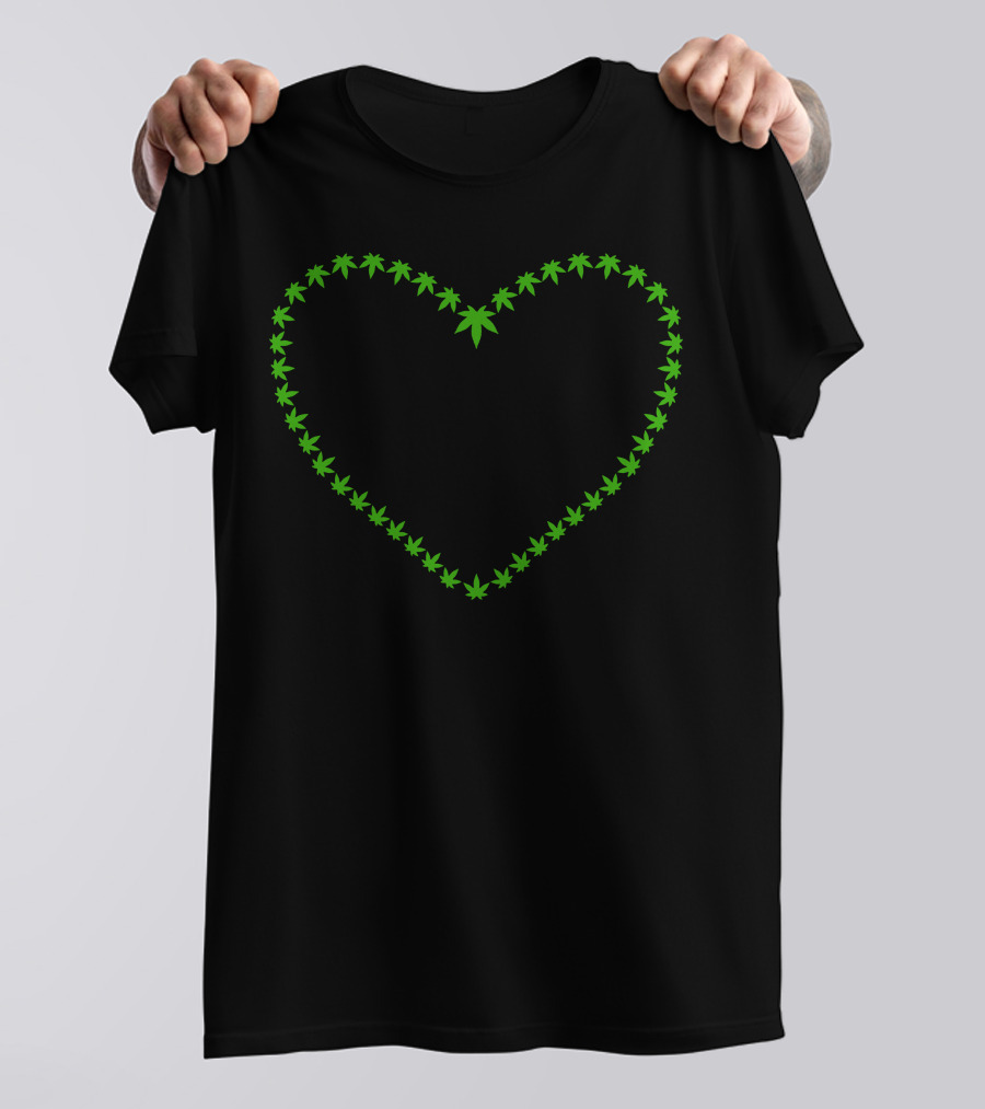 Canna Heart Marijuana Leaf Green Outline T-Shirt