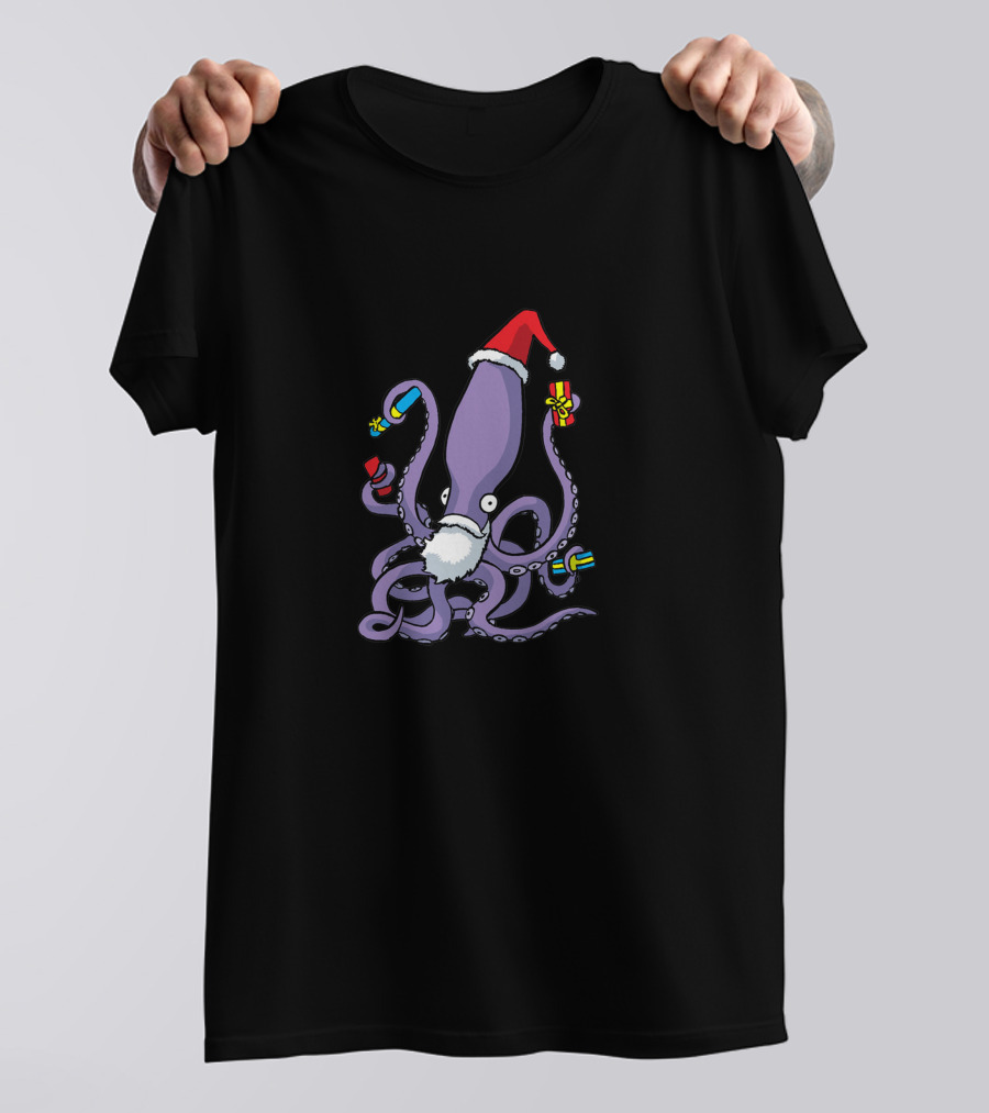 Merry Christmas Cephalopod Santa Hat And Gifts T-Shirt
