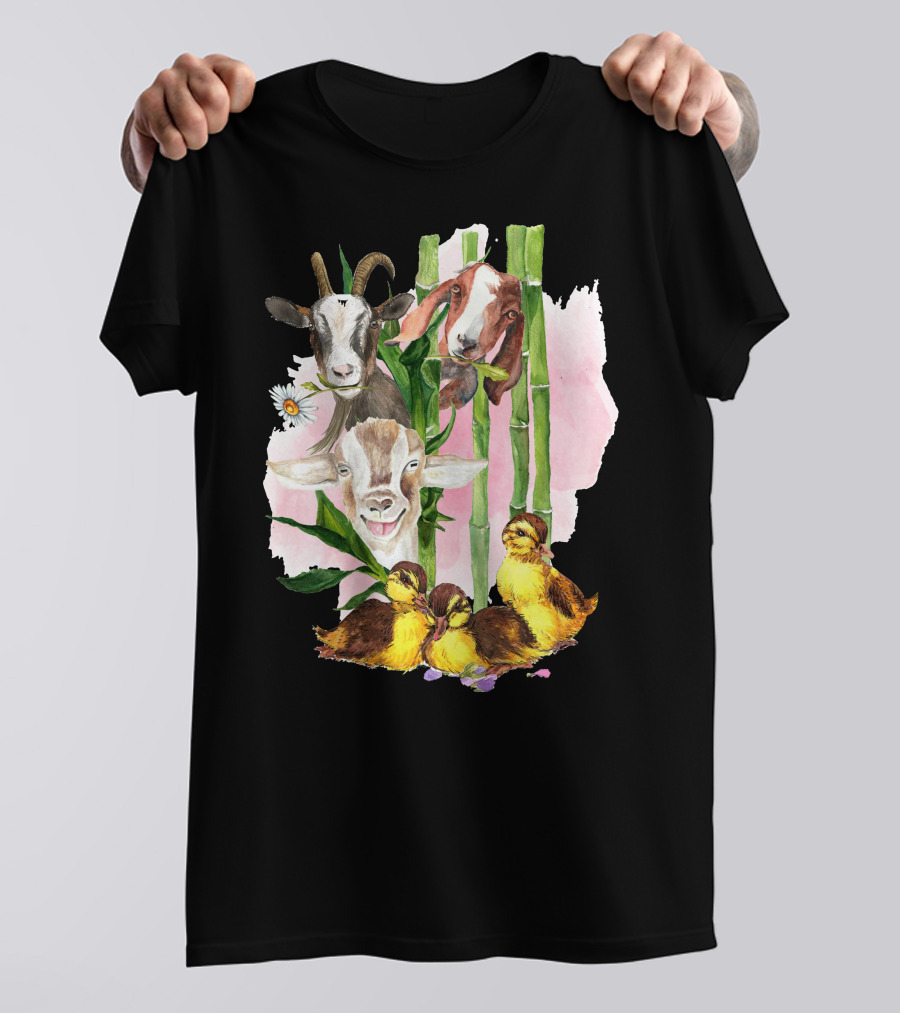 Cute Goats And Ducklings Among Bamboo And Daisies T-Shirt