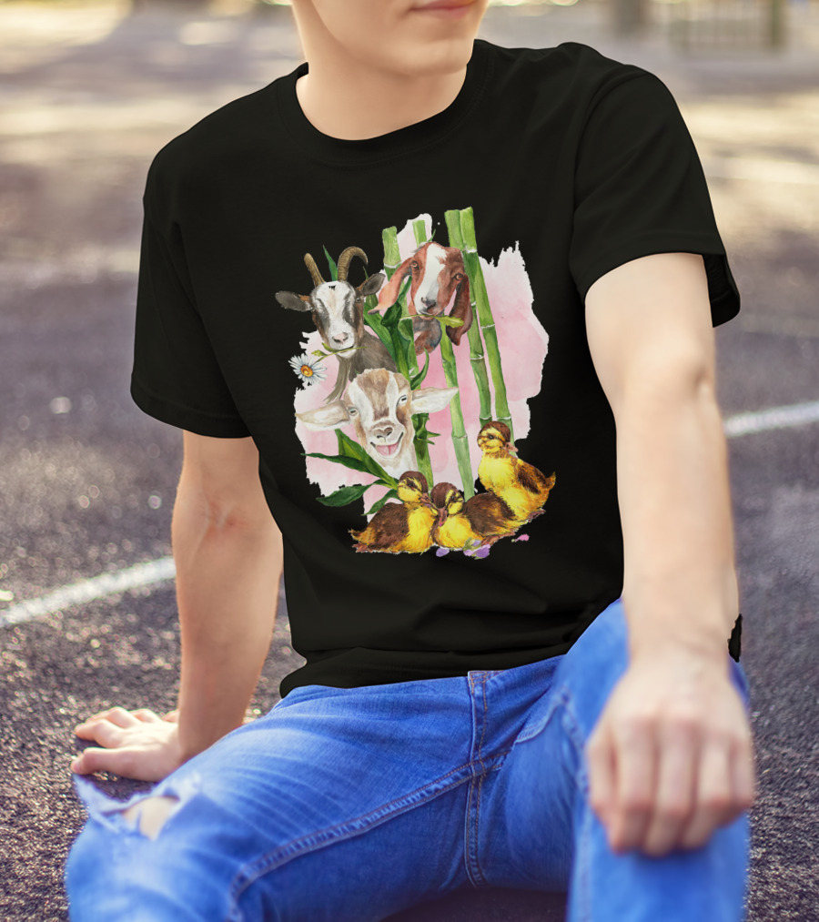 Cute Goats And Ducklings Among Bamboo And Daisies T-Shirt