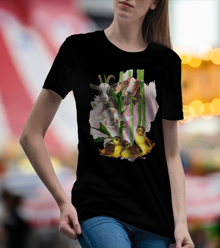 Cute Goats And Ducklings Among Bamboo And Daisies T-Shirt