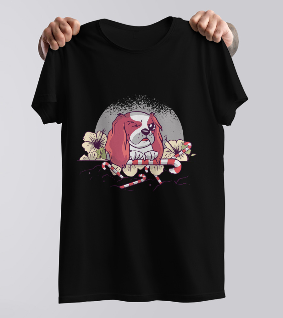 Flower Dog Winking With Candy Canes And Moonflower Blossoms T-Shirt
