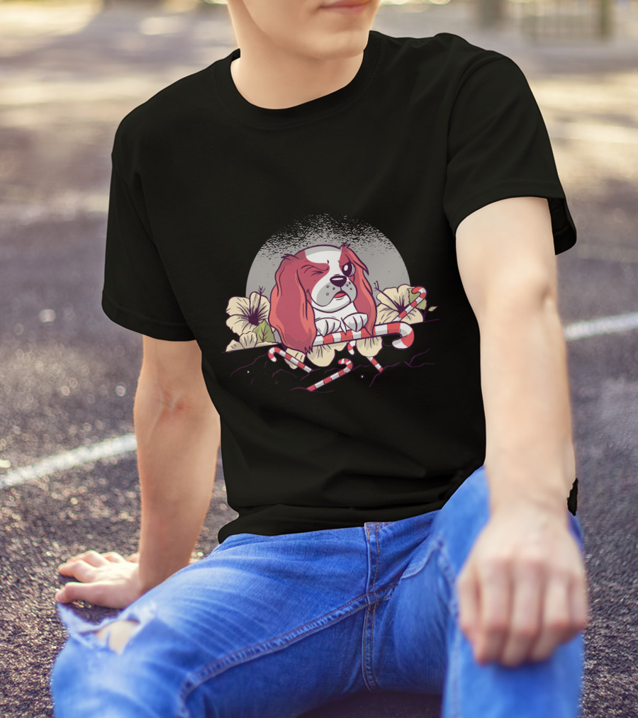 Flower Dog Winking With Candy Canes And Moonflower Blossoms T-Shirt