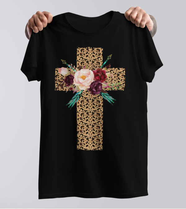 Leopard Cross Floral Pattern Blossoms T-Shirt
