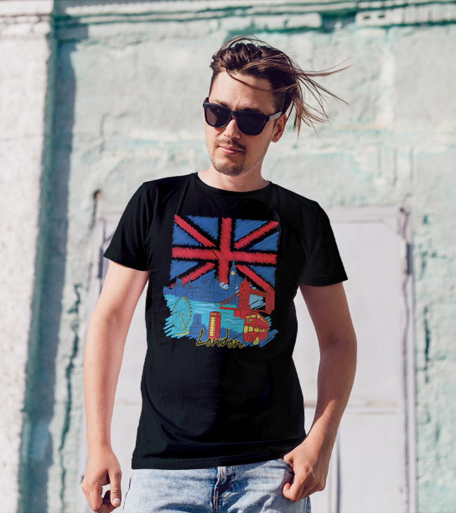 London Union Jack Big Ben Tower Bridge London Eye Iconic Telephone Bus T-Shirt