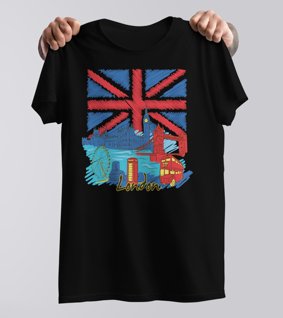 London Union Jack Big Ben Tower Bridge London Eye Iconic Telephone Bus T-Shirt