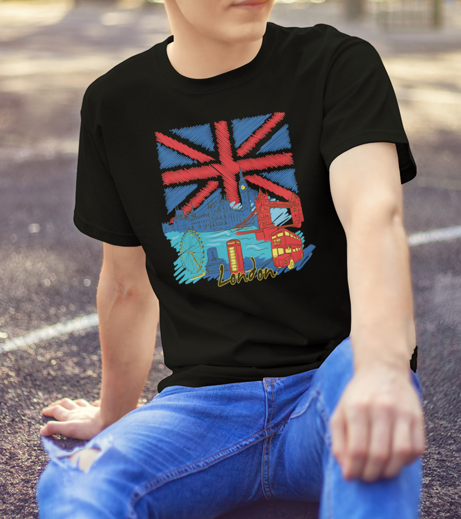 London Union Jack Big Ben Tower Bridge London Eye Iconic Telephone Bus T-Shirt