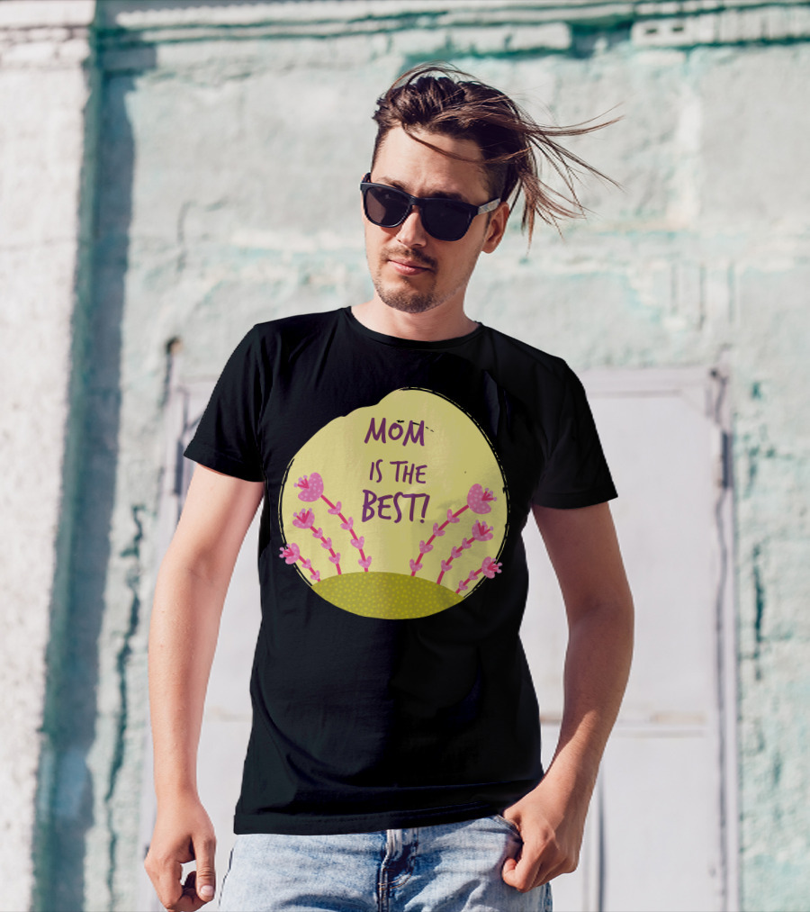 MOM IS THE BEST Pink Heart Flower Bush On Yellow Circle T-Shirt