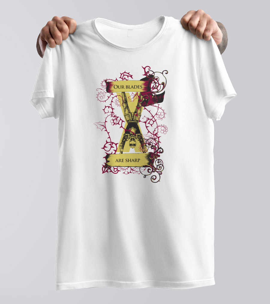 Our Blades Are Sharp Medieval Gauntlet With Ornate Red Accents T-Shirt