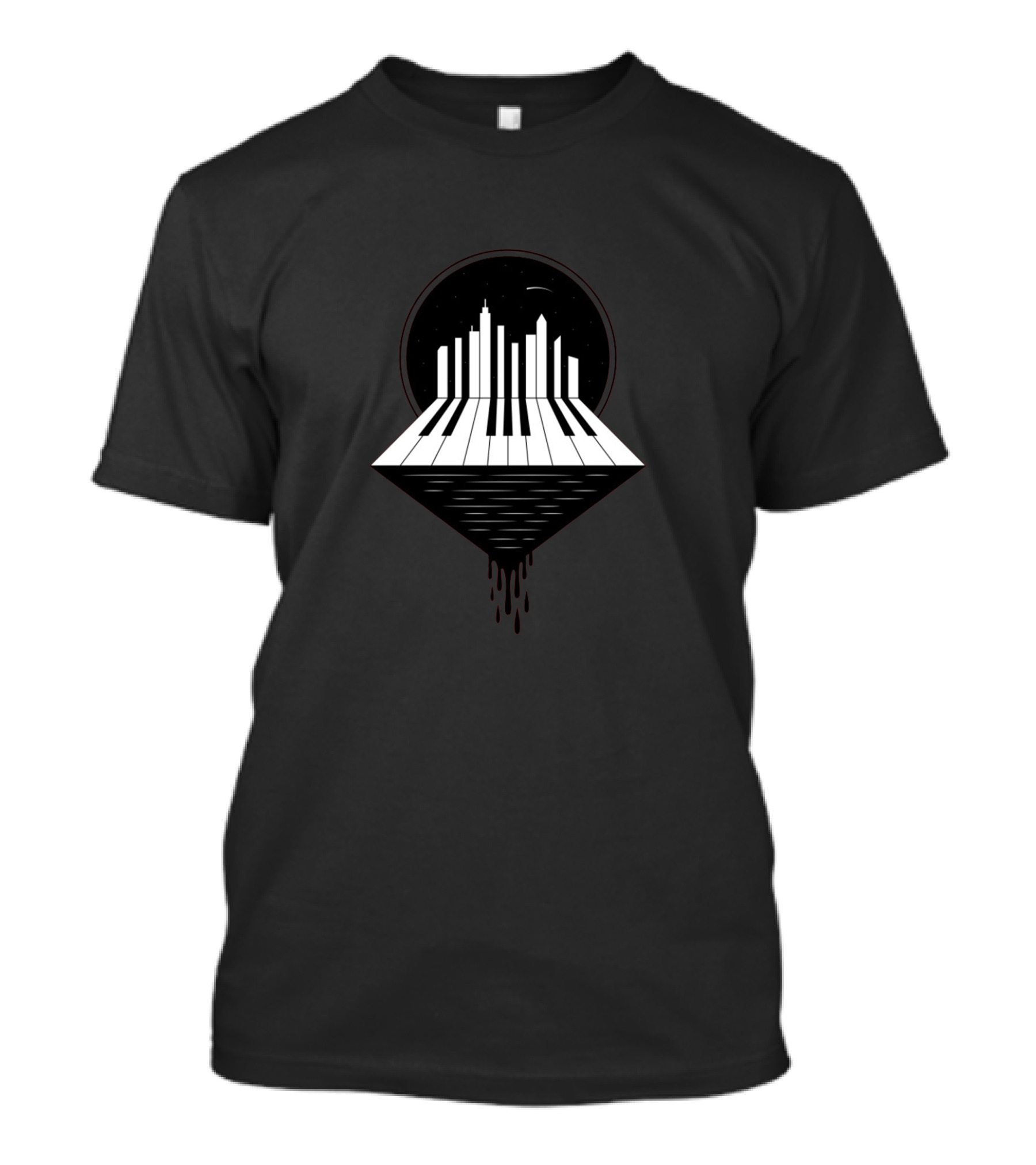Cityscape Piano Keys Melting Into Night Sky T-Shirt