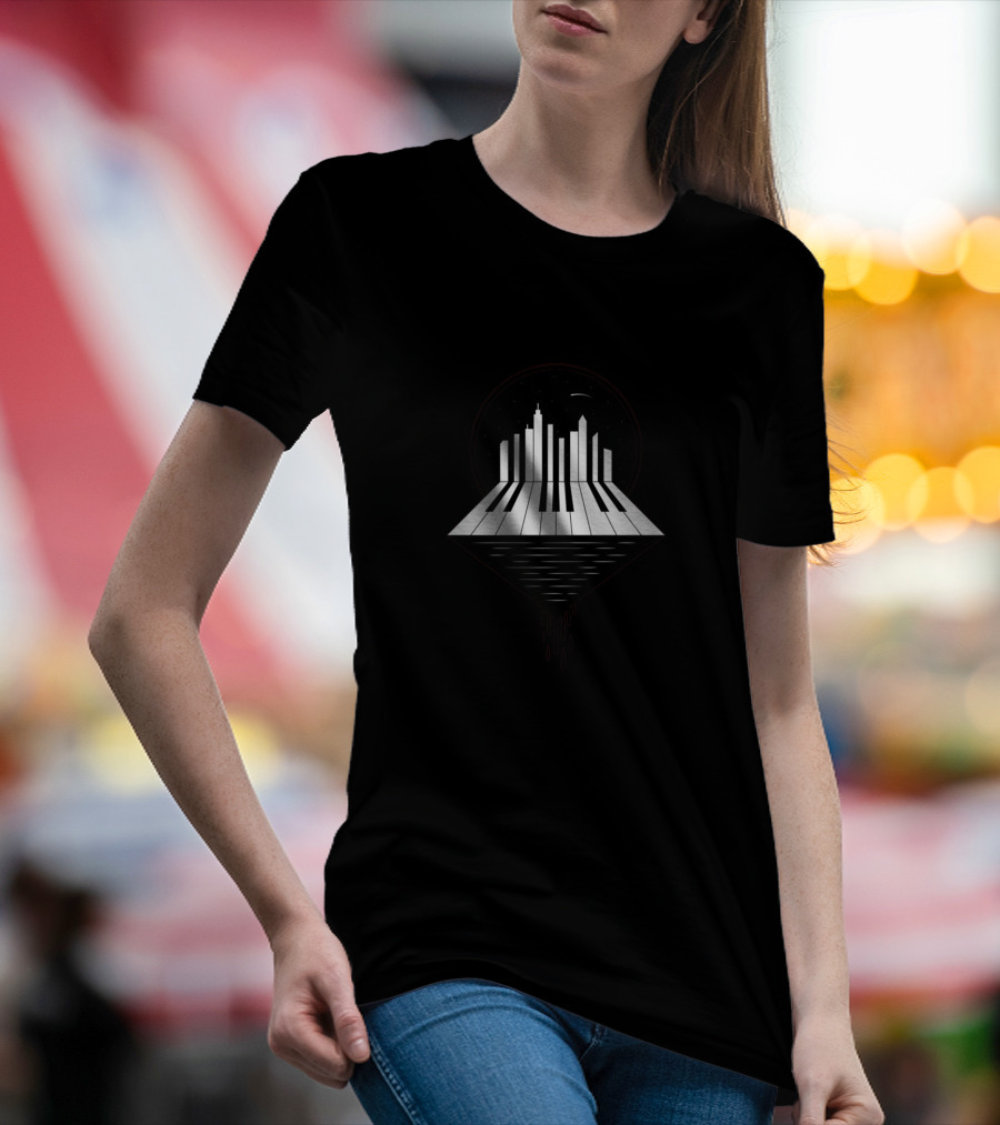 Cityscape Piano Keys Melting Into Night Sky T-Shirt