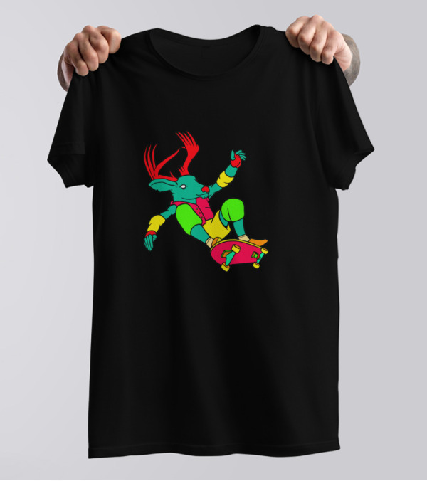 Skateboarding Neon Deer With Red Antlers And Bright T-Shirt