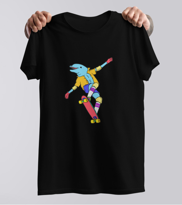 Skate Dolphin Neon Style Skateboarding Animation T-Shirt