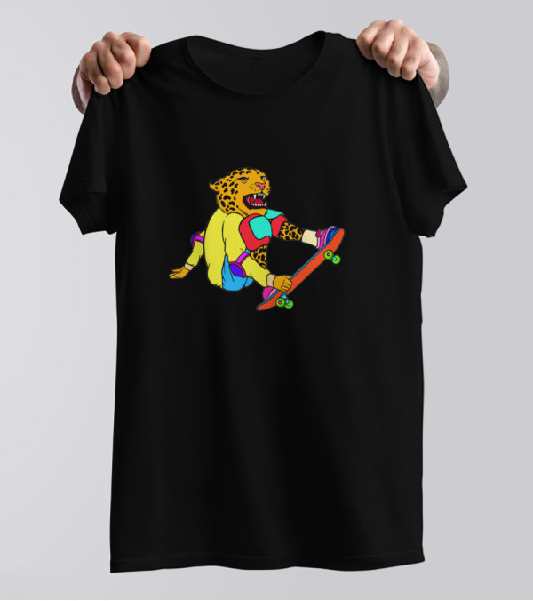 Skateboarding Jaguar In Yellow Outfit With Red And Blue Gear T-Shirt