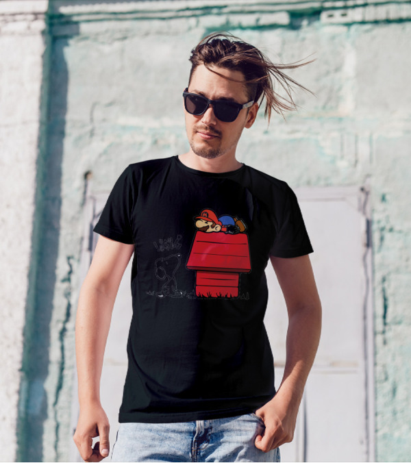 Snoopy And Lazy Mario On Doghouse With Comic Symbols T-Shirt
