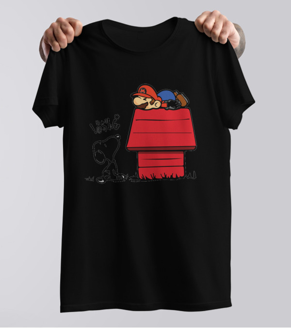 Snoopy And Lazy Mario On Doghouse With Comic Symbols T-Shirt