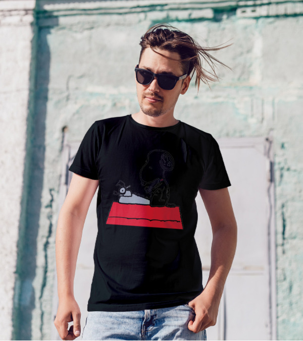 Snoopy On Red Doghouse With Typewriter Peanuts Comic T-Shirt