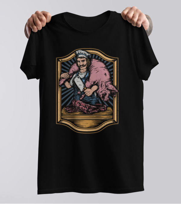 The Butcherman Holding Pig And Cleaver In Vintage Frame T-Shirt