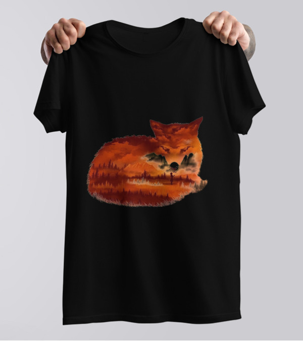 The Girl In The Red Forest Fox Silhouette Landscape T-Shirt