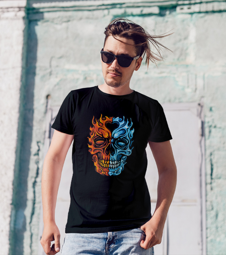 Water Fire Skull Flaming Duality T-Shirt