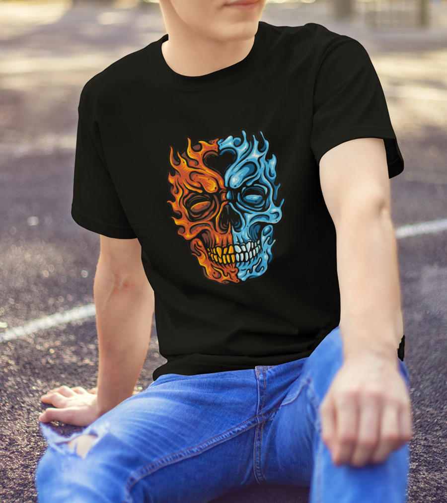 Water Fire Skull Flaming Duality T-Shirt