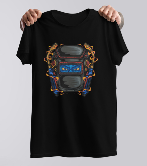 Weld Life Welding Helmet With Intense Eyes And Blue Flames T-Shirt