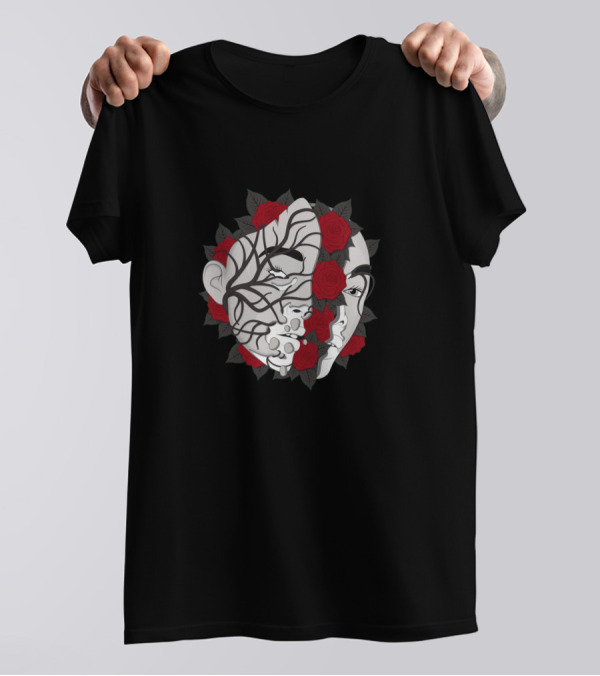 Winnie Harlow Abstract Mask Faces With Red Roses T-Shirt