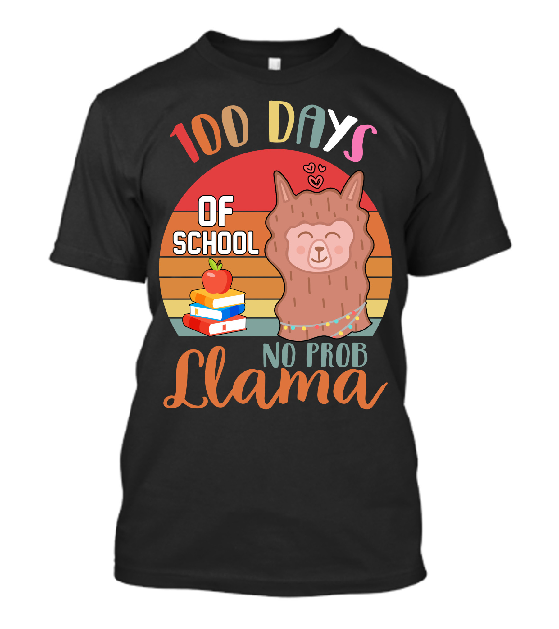 100 Days Of School No Probllama Llama Retro Style With Books And Apple T-Shirt