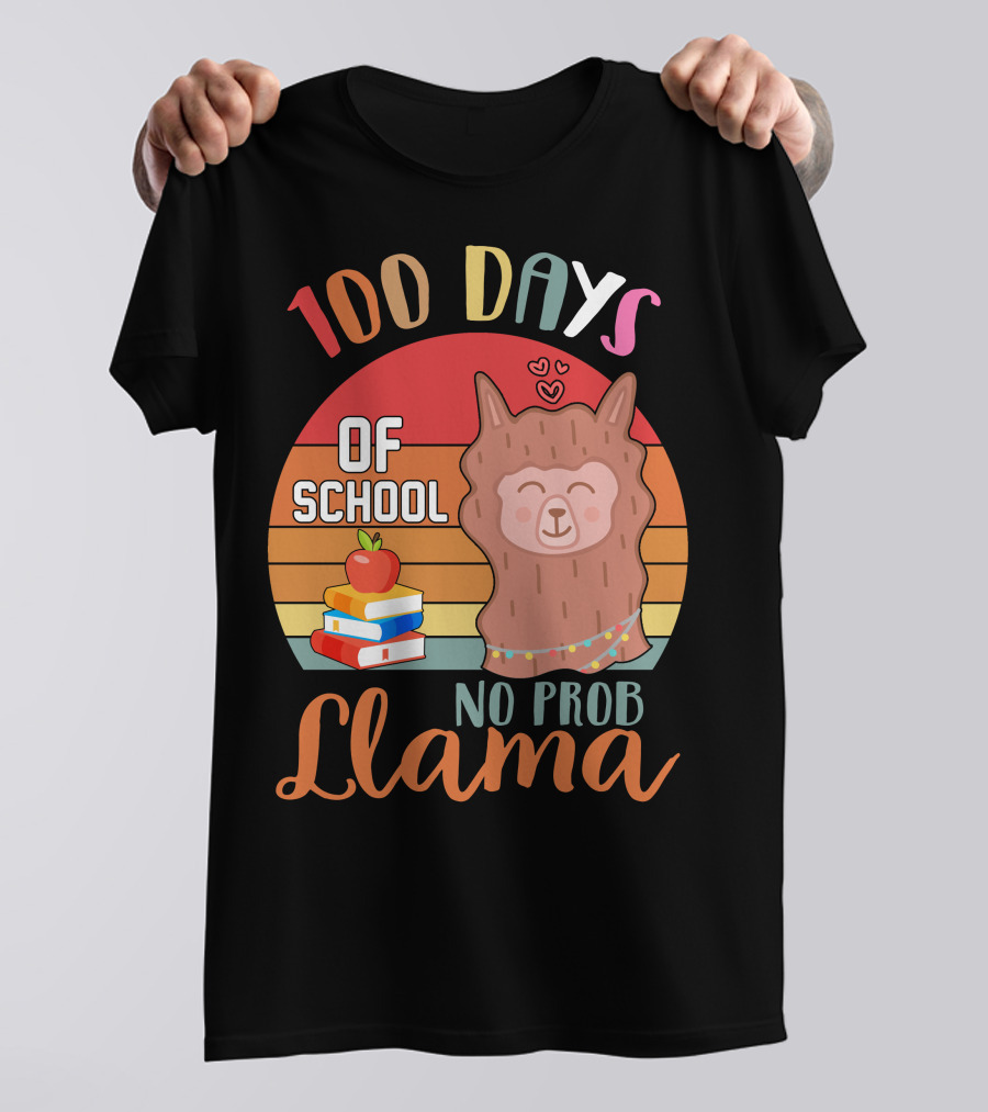 100 Days Of School No Probllama Llama Retro Style With Books And Apple T-Shirt