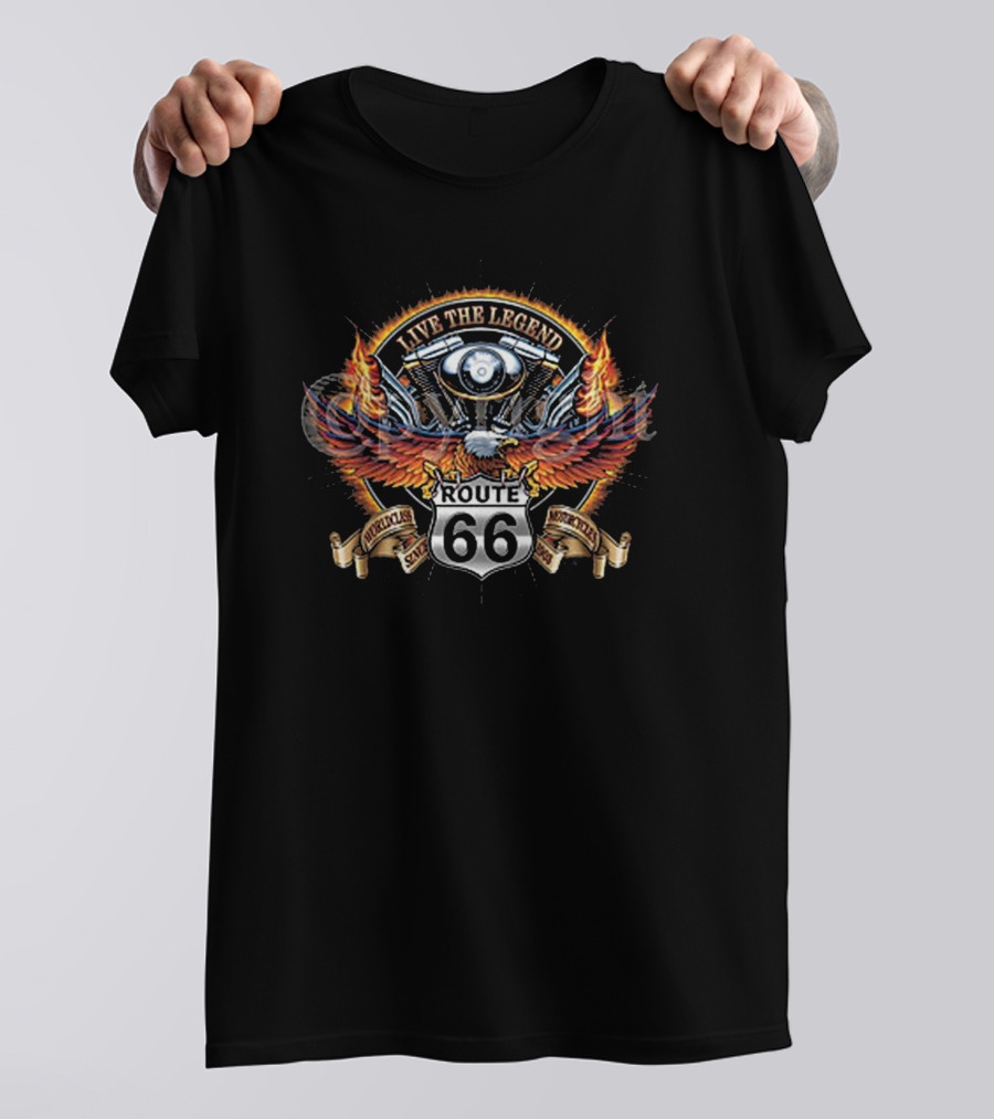 Route 66 Motorcycle Flames Live The Legend Eagle Wings T-Shirt