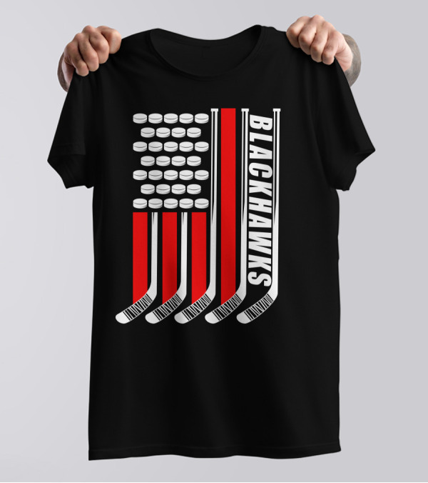 Blackhawks Hockey Sticks And Pucks Americana Flag T-Shirt