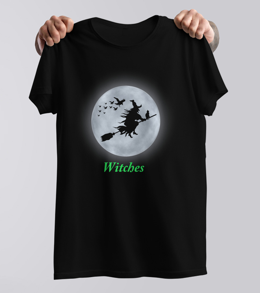 Witches Flying On Broom Silhouette Full Moon Night T-Shirt