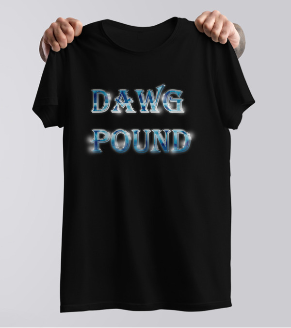 DAWG POUND Silver Metallic Text Bold Blue Letters T-Shirt