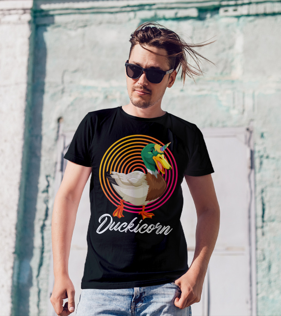 Duckicorn Mallard With Unicorn Horn And Colorful Spiral Background T-Shirt